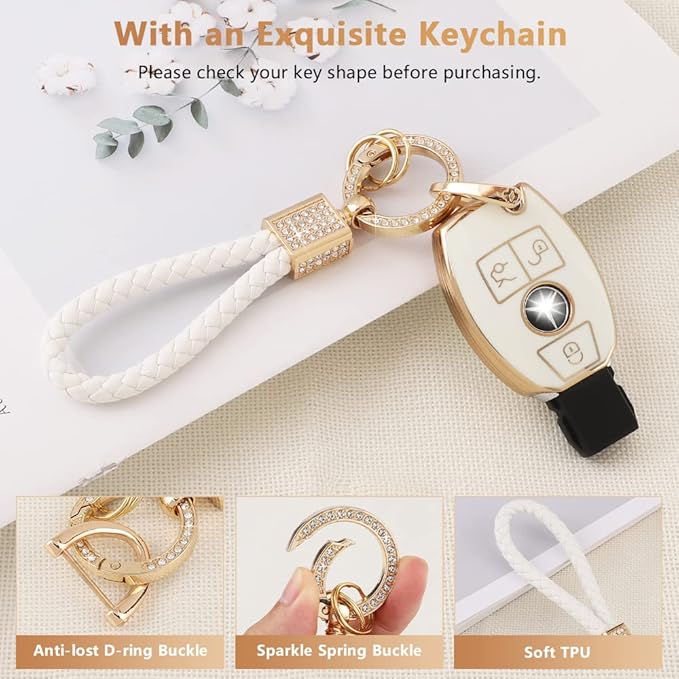 PIFOOG for Mercedes Benz Key Fob Cover Key Chain Girly Women TPU Keys Shell Case 3 Buttons Protector Accessories for Mercedes C E S Class AMG GLA GLC GLE GLK CLA CLS GLS White Gold