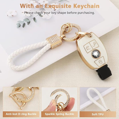 PIFOOG for Mercedes Benz Key Fob Cover Key Chain Girly Women TPU Keys Shell Case 3 Buttons Protector Accessories for Mercedes C E S Class AMG GLA GLC GLE GLK CLA CLS GLS White Gold