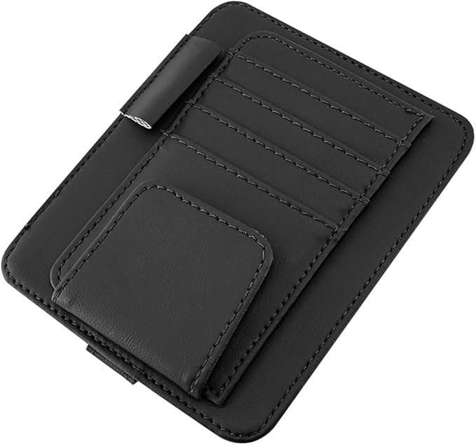 Leather Car Sun Visor Organizer, Multifunctional Auto Visor Document Holder with Sunglasses Clip, Universal Vehicle Interior Pocket Storage Accessories for Drving License, Card, Pen (Black)