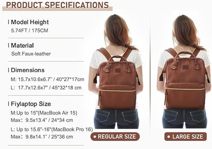 Kah&Kee Leather Laptop Backpack for Women, 15.6-16 Inch Professional Work Bag, Water-Resistant Vegan Leather Doctor Bag Backpack for Teacher, Nurse & Travel, Fits MacBook Pro 16 (Brown,Large)