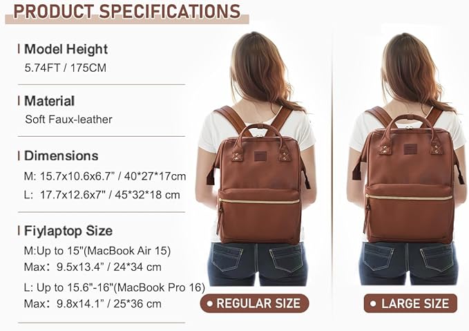 Kah&Kee Leather Laptop Backpack for Women, 14-15 Inch Professional Work Bag, Water-Resistant Vegan Leather Doctor Bag Backpack for Teacher, Nurse & Travel, Fits MacBook Air 15 (Brown,Medium)