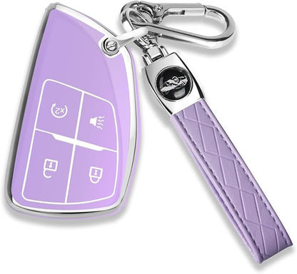 QBUC for Chevy Key Fob Cover with Keychain Soft TPU Protection Case Compatible with 2021-2026 Chevy Colorado Equinox Silverado GMC Canyon Sierra Terrain 4-Buttons(Chrome Trim Purple)