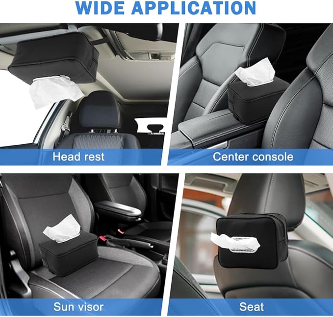 Car Tissue Box Holder, Backseat Rectangular Napkin Holder with 4 Hooks, Small 7.5in PU Leather Napkin Organizer with Metal Ring for Easy Pulling, Fits Headrest, Dashboard & Sun Visor(Color:Black)