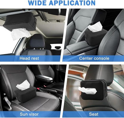 Car Tissue Box Holder, Backseat Rectangular Napkin Holder with 4 Hooks, Small 7.5in PU Leather Napkin Organizer with Metal Ring for Easy Pulling, Fits Headrest, Dashboard & Sun Visor(Color:Black)