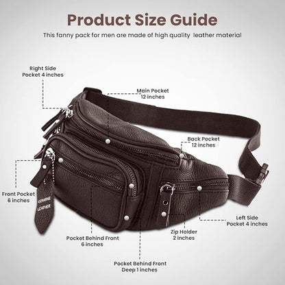 Fanny Pack Waist Bag Multifunction Genuine Leather Hip Bum Bag Travel Pouch for Men and Women- Multiple Pockets & Sturdy Zippers Ideal for Hiking Running And Cycling