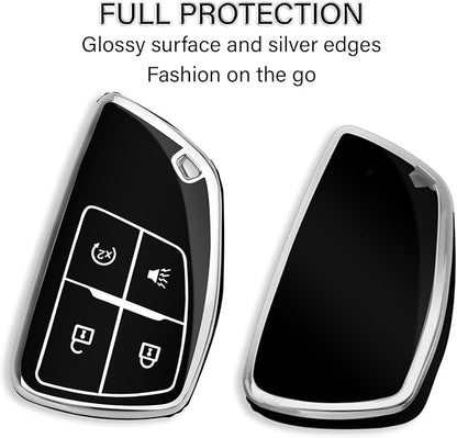 QBUC for Chevy Key Fob Cover with Keychain Soft TPU Protection Case Compatible with 2021-2026 Chevy Colorado Equinox Silverado GMC Canyon Sierra Terrain 4-Buttons(Chrome Trim Black)
