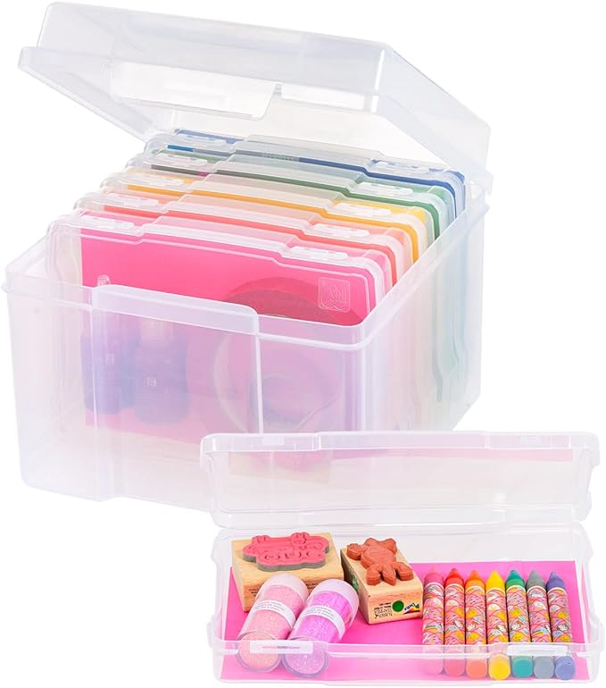 IRIS USA 5" x 7" |Made in USA| Photo Organizers and Picture Storage Box with Handle, 6 Inner Cases/Containers for Tasks, Stickers, Ephemera, & Flashcards - Clear