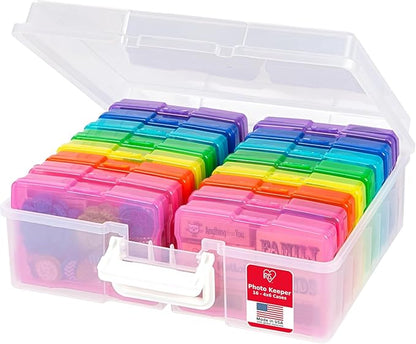 IRIS USA 4" x 6" |Made in USA| Photo Organizers and Picture Storage Box with Handle, 16 Inner Cases/Containers for Tasks, Stickers, Ephemera, & Flashcards - Clear/Multi-Color