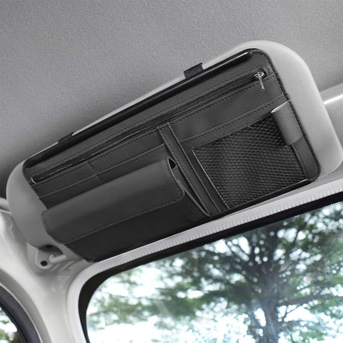 Car Sun Visor Multi-Pocket Net Zipper Organizer Auto Interior Accessories Pocket Organizer Storage Pouch Holder for Card License Pen Glasses (Black)