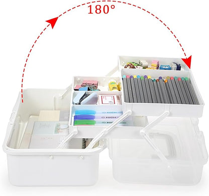 BTSKY 3-Layer Plastic Dividing Storage Box Craft Organizer with Adjustable Spacers Portable Handled Art Supply Organizer Multipurpose Home Utility Box for Medicine Box Sewing Box (Beige White)