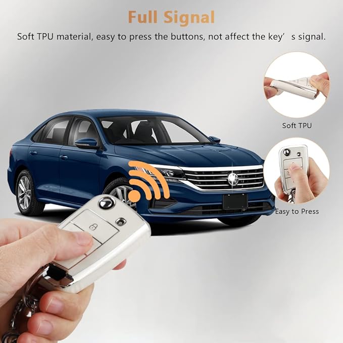 PIFOOG for Volkswagen VW Key Fob Cover Tiguan Golf GTI Altas Jetta Accessories 4 Button Soft TPU Car Keys Case Protector Bling Keychain Landyard Girly White Silver