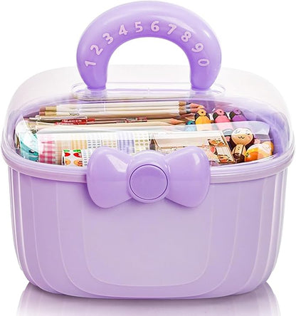 Noamus 10" Multipurpose Storage Box with Removable Tray, 2 Layer Cute Hair Accessories Organizer, Clear Plastic Folding Craft Case for Headbands, Sewing, Clips Ties Supplies, Purple