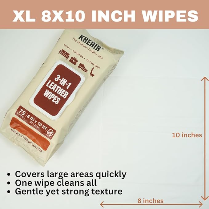 3in1 Leather Wipes 225 XL Count, Clean, Condition & Restore Shine, Extra-Large 8"x10" Wipes for Car Seats, Shoes, Furniture & Bags, Thick, Durable & Non-Linting, Safe for All Leather Types