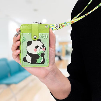 2 Pack Panda ID Badge Holder with Lanyard,Cute Work Badge Wallet with Zipper Pocket,3 Card Slots & Detachable Keychain for Nurse Teacher Student Office Staff