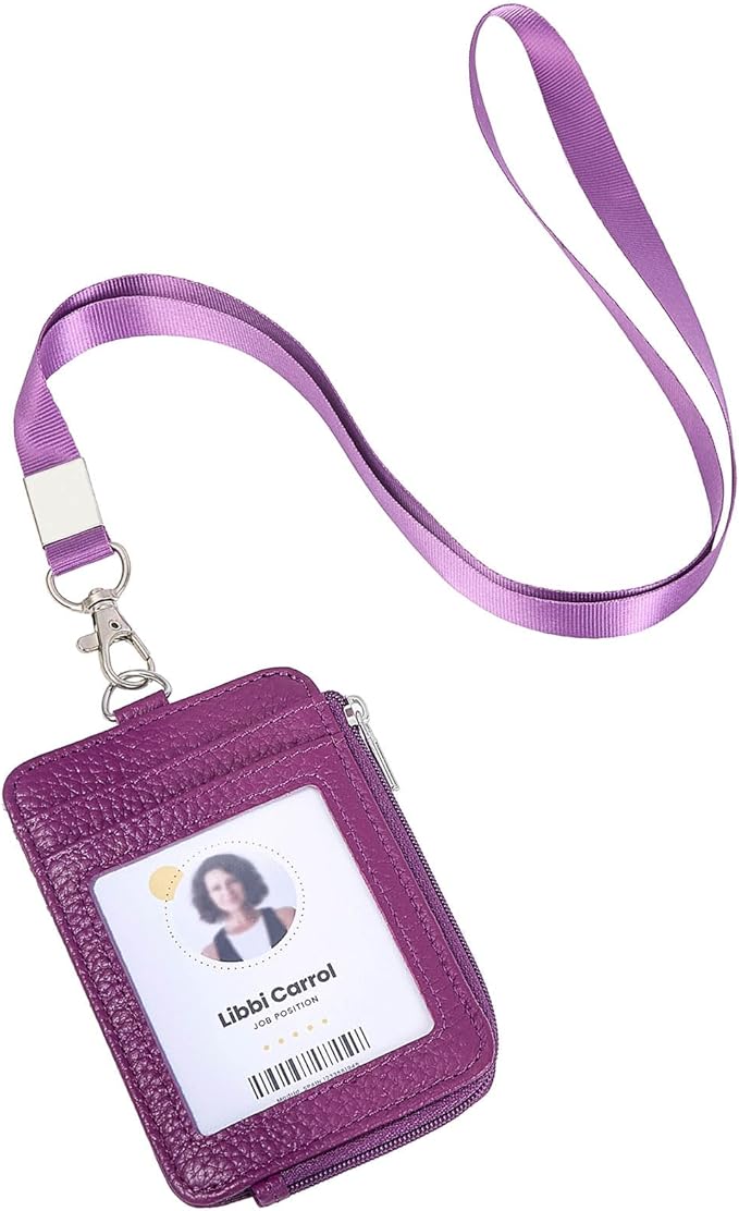 Badge Holder – Genuine Leather ID Badge Holder with Zipper Pocket and Nylon Lanyard – Perfect for Badges, Cards, and More