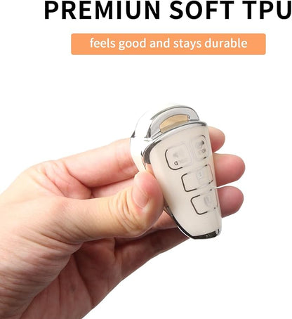 MILD EAST for Toyota Key Fob Cover with Metal Key Chain, Silver Edge Soft TPU Key Fob Shell Case for 2012-2019 Camry Corolla Tacoma, White