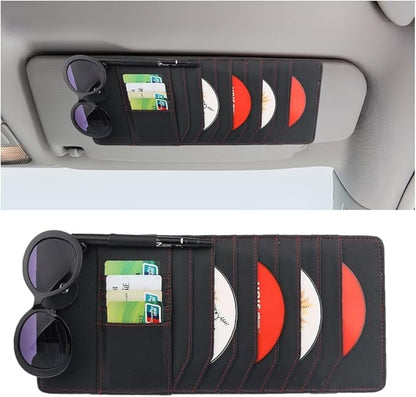 CD Case Holder for Car Sun Visor, Visor DVD Storage Organizer with Sunglasses Clip, Pen Holder & Card Slot, Multifunctional Automotive Disc Storage Pocket, Universal for SUV RV Truck (Black)
