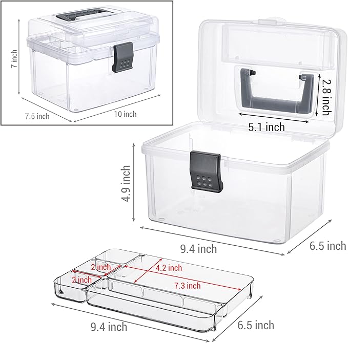 MyGift 10 Inch Premium Clear First Aid Kit Bin with Detachable Tray and Gray Top Handle, Portable Emergency Kit, Medical Supply Travel Tote, Medicine Storage Box Container