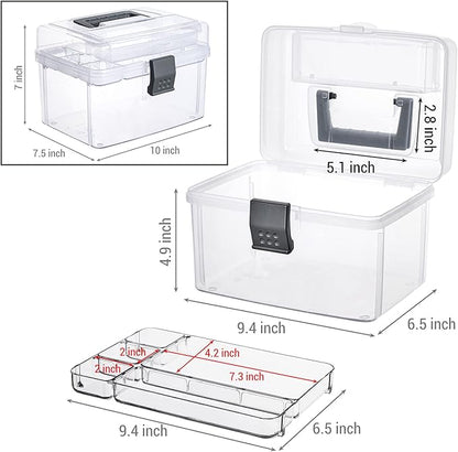 MyGift 10 Inch Premium Clear First Aid Kit Bin with Detachable Tray and Gray Top Handle, Portable Emergency Kit, Medical Supply Travel Tote, Medicine Storage Box Container