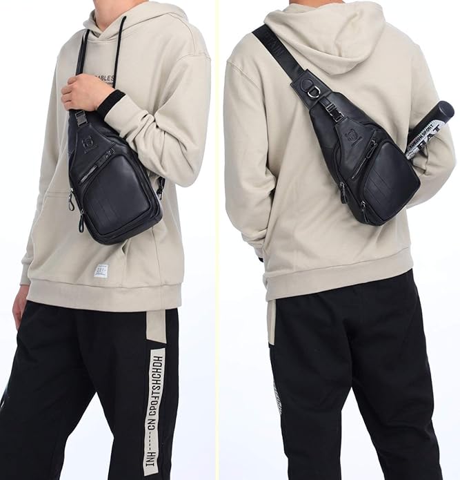 BULLCAPTAIN Leather Men Sling Bag Casual Crossbody Chest Bags Travel Daypack