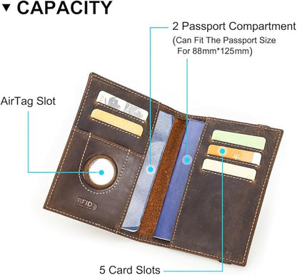 CONTACTS Full Grain Leather Passport Holder for 2 RFID Blocking Travel Passport Wallet Compatible with Airtag Passport Cover Case for 2 Passports with 5 Card Slots