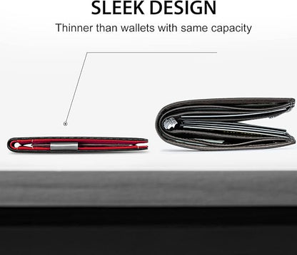 GSOIAX Men's Slim RFID Blocking Leather Wallet with Money Clip | Minimalist Carbon Fiber Bifold Credit Card Holder | 11 Card Slots | Gift Box Included(Leather red)
