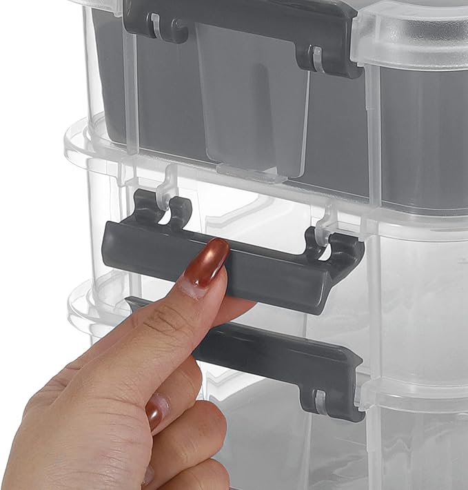 JUXYES 4-Tiers Stack Carry Storage Box With 2 Divided Tray, Transparent Stackable Storage Bin With Handle Lid Latching Storage Container for School & Office Supplies, Gray