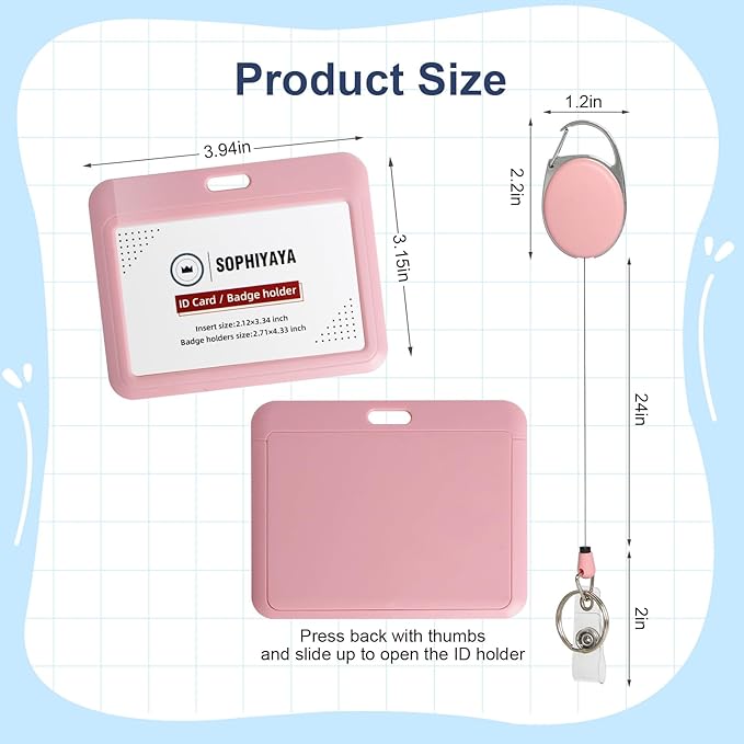 ID Badge Holder with Clip Badge Reels Retractable Heavy Duty Id Card with Carabiner Badge Reel with 24 inches Pull Cord for Office, School, Factory, Teacher (Pink, Horizontal)