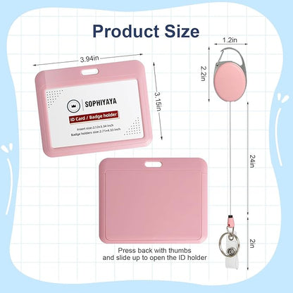 ID Badge Holder with Clip Badge Reels Retractable Heavy Duty Id Card with Carabiner Badge Reel with 24 inches Pull Cord for Office, School, Factory, Teacher (Pink, Horizontal)