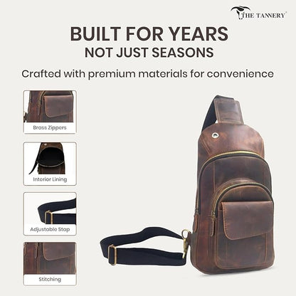 The Tannery Handmade Buffalo Leather Multipurpose Travel Hiking Crossbody Chest Backpack with Adjustable Shoulder Strap, Thanks Giving (Dark Brown, Small)