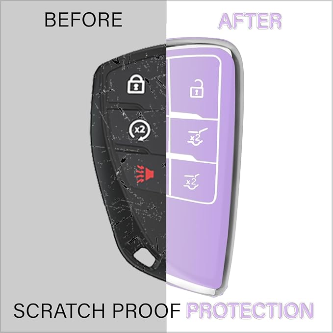QBUC for Chevy Key Fob Cover with Keychain Soft TPU Protection Case Compatible with 2021-2026 Chevy Tahoe Suburban GMC Yukon Denali Silverado 6-Buttons(Chrome Trim Purple)