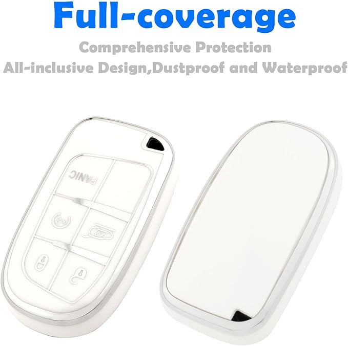 XIYANG TRADE for Jeep Key Fob Cover with Keychain,Soft TPU Key Case Shell Full Protection for Grand Cherokee Renegade Chrysler 200 300 Dodge RAM Durango Challenger Journey Dart Fiat Smart Key (White)