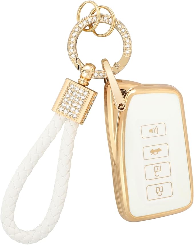 PIFOOG for Lexus Key Fob Cover White Gold Soft TPU 4 Button Car Keys Case Shell Full Protector Bling Keychain for Lexus NX RX GS IS ES LS RC Smart Keys Accessories Girly Women Cute