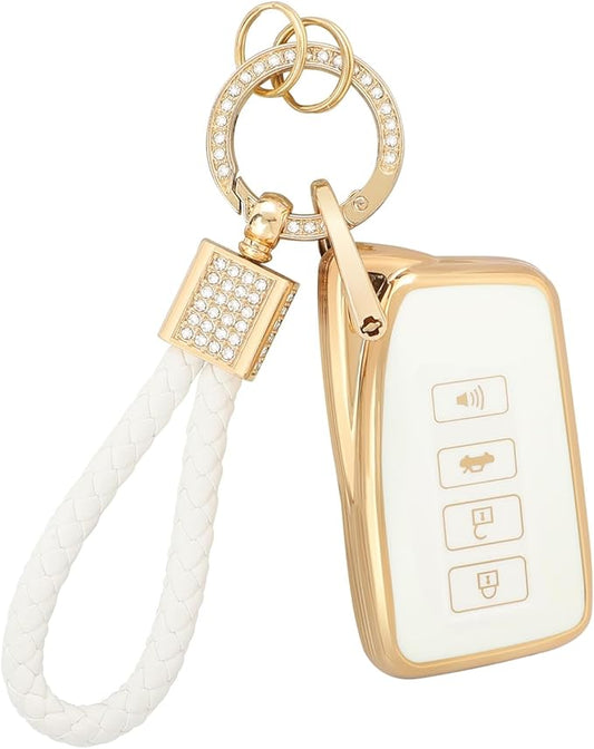 PIFOOG for Lexus Key Fob Cover White Gold Soft TPU 4 Button Car Keys Case Shell Full Protector Bling Keychain for Lexus NX RX GS IS ES LS RC Smart Keys Accessories Girly Women Cute