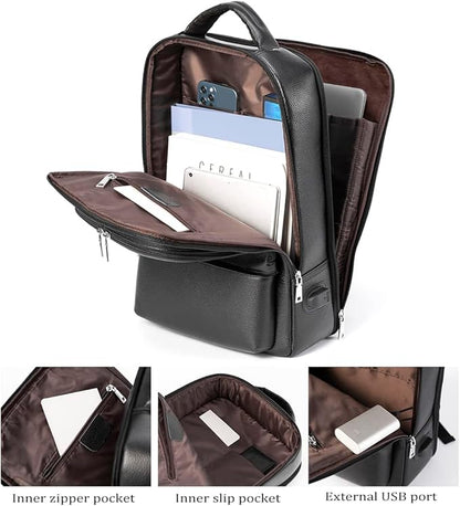 15.6 Inch Genuine Leather Laptop Backpack for Men Women, Business Travel Backpack Hiking Rucksack Daypack (4#Black)