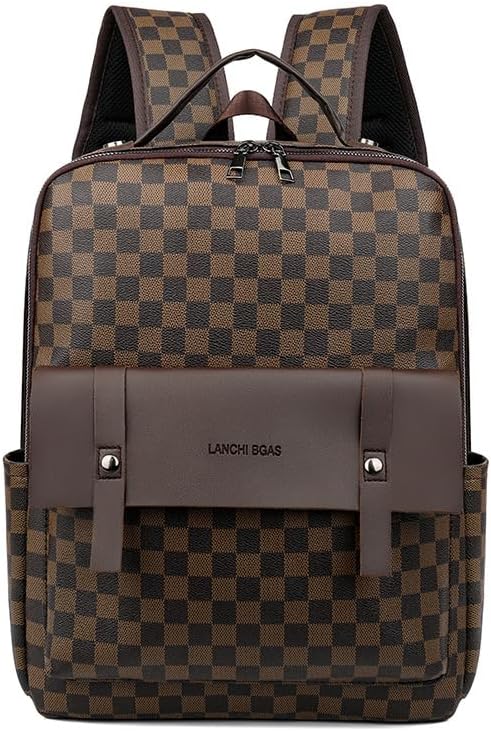 Retro men's business plaid backpack can hold a 15.6-inch laptop, women's stylish travel waterproof leather backpack. (brown check-16.1inch)