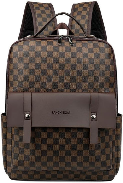 Retro men's business plaid backpack can hold a 15.6-inch laptop, women's stylish travel waterproof leather backpack. (brown check-16.1inch)