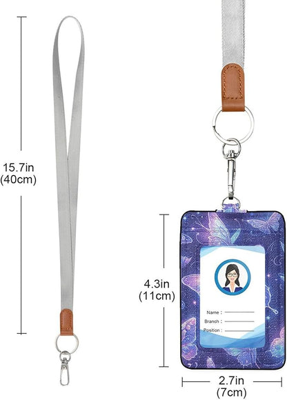 Badge Holder, Sparkle Butterfly Blue PU Leather School College Business ID Badge Card Holder Wallet Case with 1 Clear Window, 2 Credit Card Slots and Detachable Neck Lanyard - Vertical