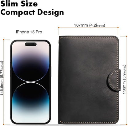 Genuine Leather Passport Holder for Travel - Rfid Passport Wallet with Hidden AirTag Slot, 2 Card Slots,for Men & Women & Family - Button Bifold Hidden Airtag Slot Style,Black