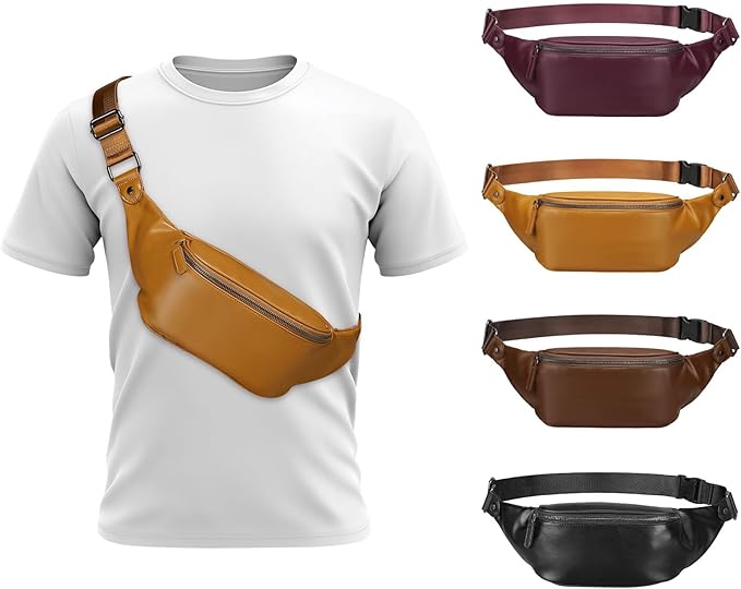 Faux Leather Belt Bag for Men, Crossbody Sling Bag with Adjustable Strap, Back Zipper Pocket, Large Capacity Waist Pack for Travel, Work, Every, Beige