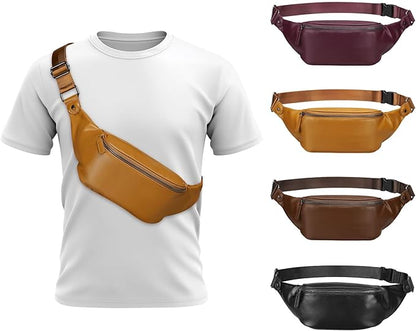 Faux Leather Belt Bag for Men, Crossbody Sling Bag with Adjustable Strap, Back Zipper Pocket, Large Capacity Waist Pack for Travel, Work, Every, Beige