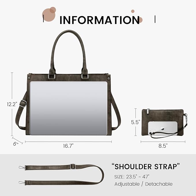 LOVEVOOK Laptop Tote Bag for Women, 15.6 Inch Large Capacity Vintage Leather Work Computer Bag, Business Casual Shoulder Handbag, Black Coffee