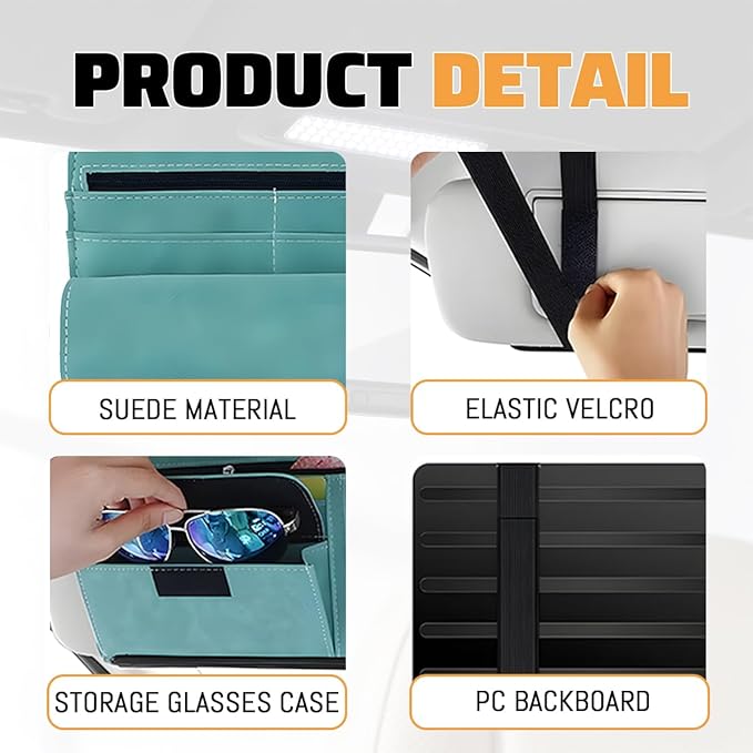 Car Sun Visor Organizer, Leather Vehicle Visor Card License Storage Pouch with Glasses Holder, Multifunctional Auto Interior Sunshade Document Pocket Organizer, Universal for Vehicles (Blue)