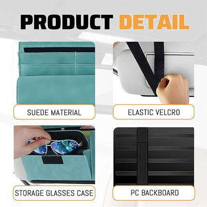 Car Sun Visor Organizer, Leather Vehicle Visor Card License Storage Pouch with Glasses Holder, Multifunctional Auto Interior Sunshade Document Pocket Organizer, Universal for Vehicles (Blue)