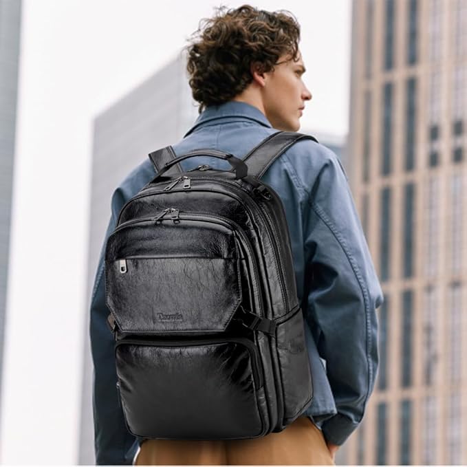 Tzowla Full Grain Genuine Leather Laptop Backpack for Men and Women,Business Work Travel Slim Daypack Fits 15.6 Inch Notebook/Computer-Black