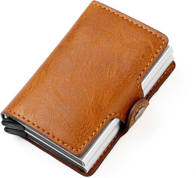 Pop up Card Wallet RFID Blocking Slim Metal Men Credit Card Holder Case Business Money Pocket Double Card Case for Men and Women (brown)