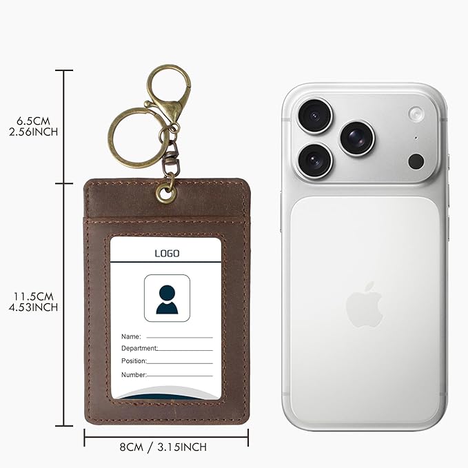 Badge Holder: Boshiho Cowhide Leather ID Card Badge Holder with Keychain Key Ring, Vertical Style (Dark Brown)
