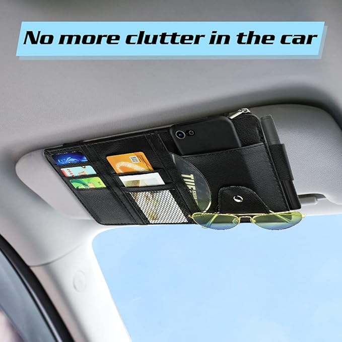 Car Sun Visor Organizer, Leather Pocket Organizer Sunglass Holder for Car Interior Accessories with Multi-Pocket Net Zipper (2 Pack Black)