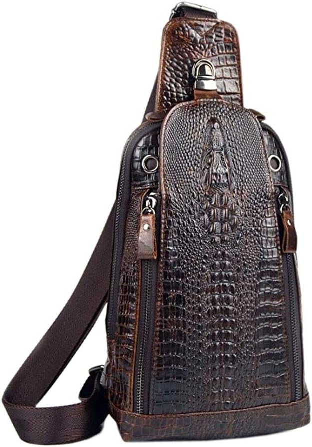 Hebetag Crocodile Genuine Leather Sling Chest Bag for Men Travel Outdoor Hunting Hiking Camping Crossbody Shoulder Pack Pouch Backpack Daypack Coffee