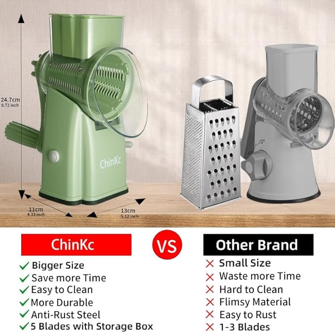 Upgrade Rotary Cheese Grater Shredder with Handle, Strong Suction Base, Multi-purpose Rotary Grater Slicer with 5 Interchangeable Blades for Ice, Vegetables, Fruit, Nuts with Blade Storage Box